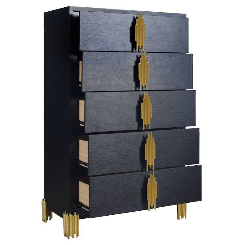 Theo Tall Dresser Chest, 5 Drawers, Vertical Gold Handles, Black Wood