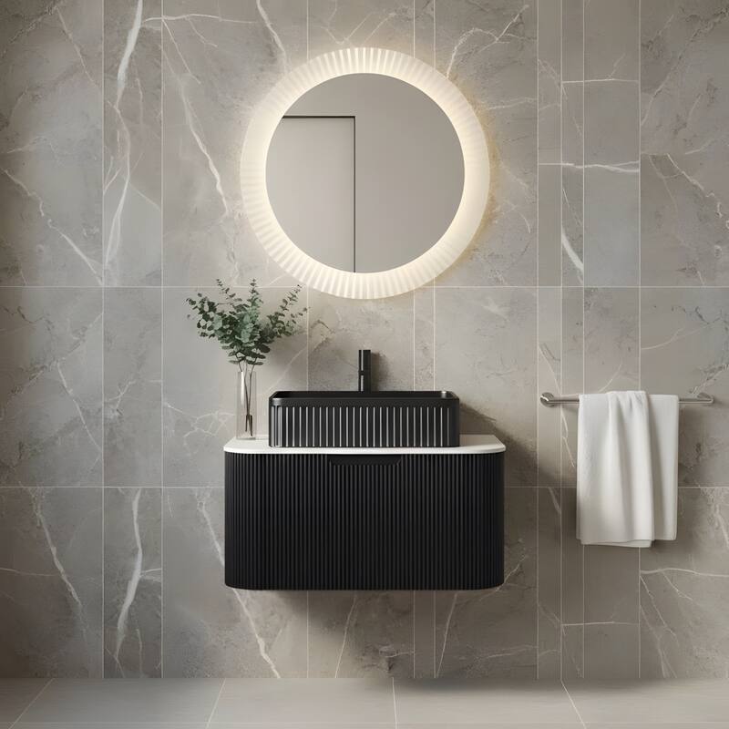 Wall Mounted Bathroom Vanity with Black Rectangular Ceramic Basin - 30 - Black