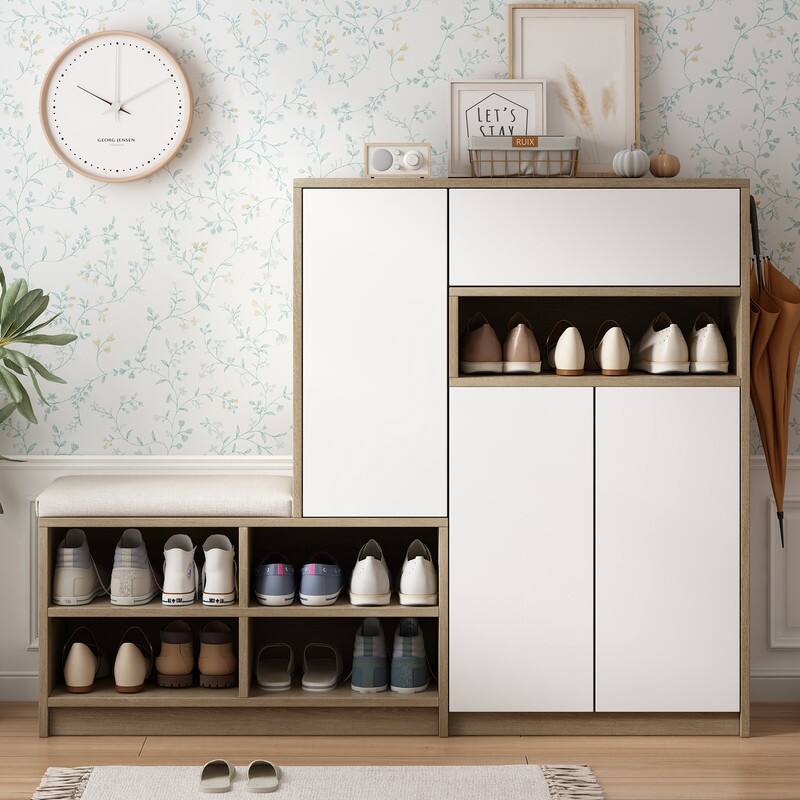 Multi-functional Shoe Bench Entryway with Storage,Padded Seat and Adjustable Shelves - White