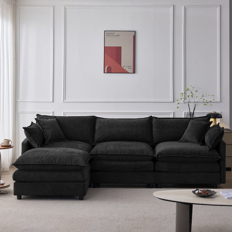 L Shaped Modular Sectional Sofa, Comfy Chenille Deep Seat Cloud Sofa, Upholstered 3 Seat Sofa with Removable Ottoman