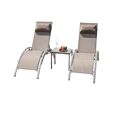 All Weather Outdoor Adjustable Chaise Lounge Set of 3 with Side Table and Detachable Pillow for Deck Lawn Poolside