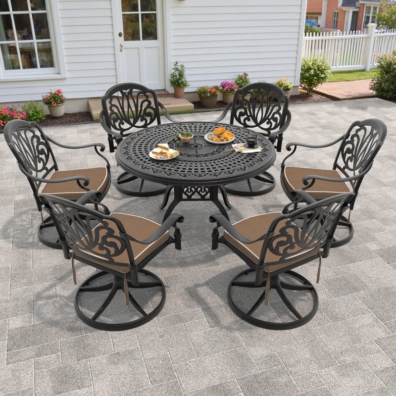 7-Piece Aluminum Round Outdoor Patio Dining Set, 6 Cushioned Swivel Chairs, Table, All-Weather Frames