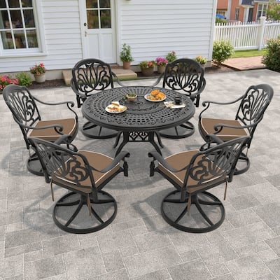 7-Piece Aluminum Round Outdoor Patio Dining Set, 6 Cushioned Swivel Chairs, Table, All-Weather Frames