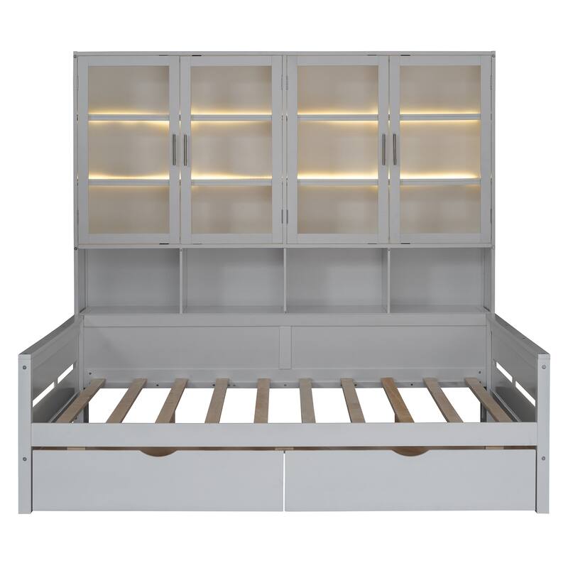 Bookcase Daybed with Storage Cabinets Wooden Captains Bed Built-in LED Lighting