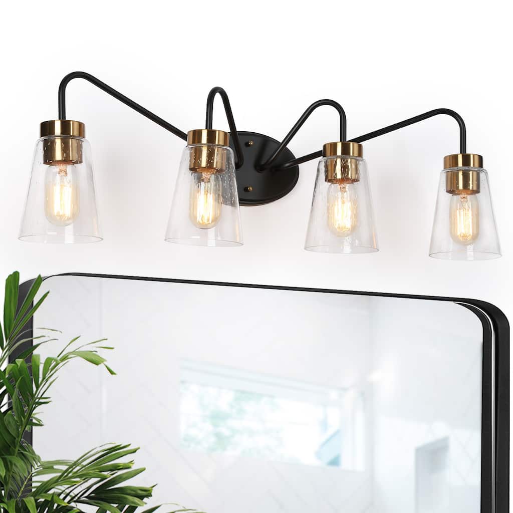 Modern Farmhouse 4-Light Black Gold Bathroom Vanity Lights Dimmable Seeded Glass Wall Lighting - 28.5" L x 7" W x 9.5" H