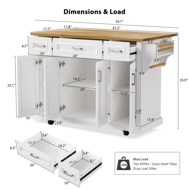 Large Kitchen Island with Wood Drop Leaf, Embossed Texture Rolling Kitchen Cart wDoors and Drawers wStorage for Kitchen, White