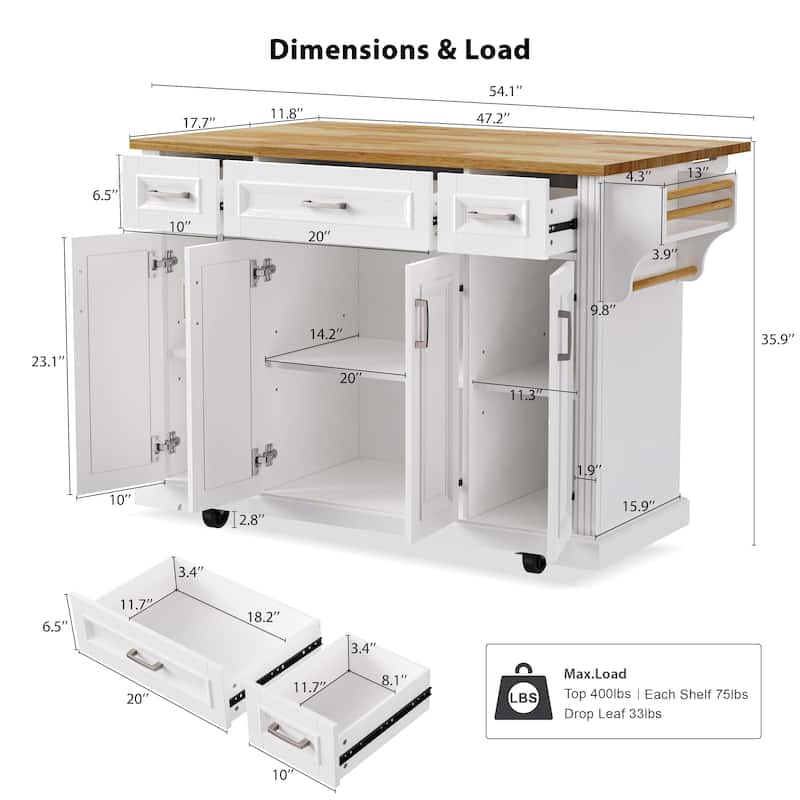 Modern Large Kitchen Island with Folding Board 3 Drawers, 4 Doors, Spice Rack and Towel Rack, for Kitchen