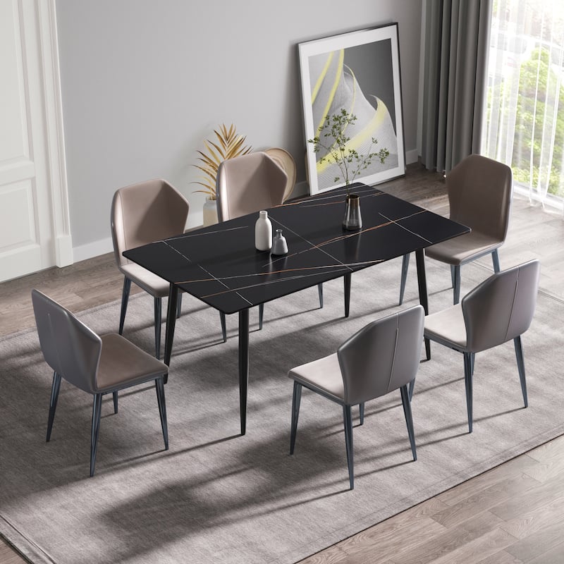 63" Rectangle Marble Top Dining Table, Black Sintered Stone Kitchen Table with Metal Legs