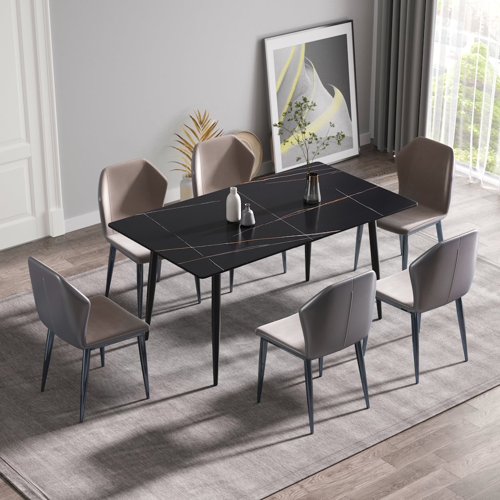 63" Rectangle Marble Top Dining Table, Black Sintered Stone Kitchen Table with Metal Legs