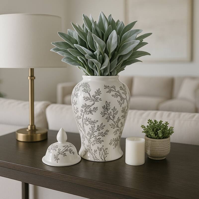 Decorative Ceramic Cherry Blossom Temple Jar with Lid - White & Brown