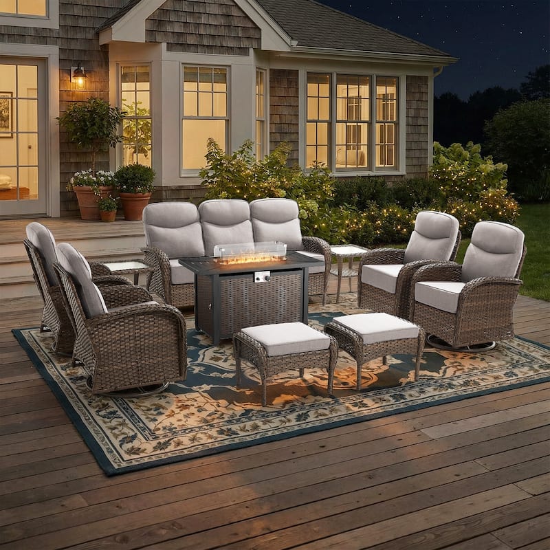 Pocassy Outdoor Sofa Swivel Chair and Ottman with 43in Fire Pit Table - Brown Wicker Beige Cushion - 10-Piece Sofa Swivel Chiar Ottoman with Fire Table