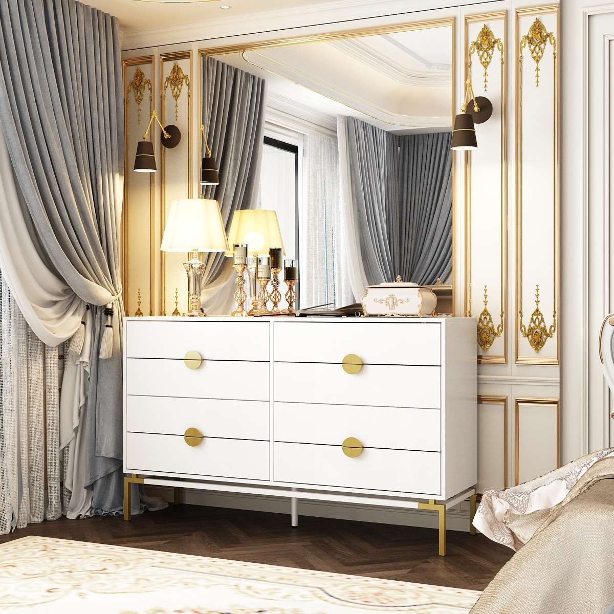 White 8-Drawer Dresser Modern Home Storage with Golden Accents Cabinet