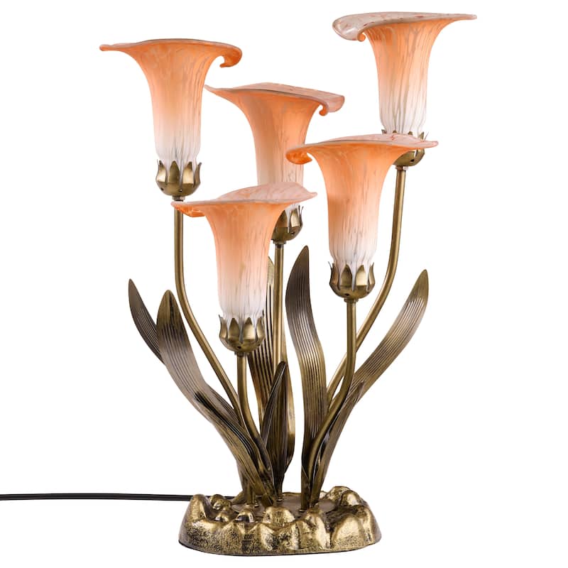 20-inch Antique Brass and Hand Blown Glass 5 Calla Lily Uplight Accent Lamp - 15" x 14" x 20"