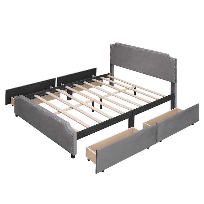 Queen Upholstered Velvet Platform Bed Storage Bedframe with 4 Drawers