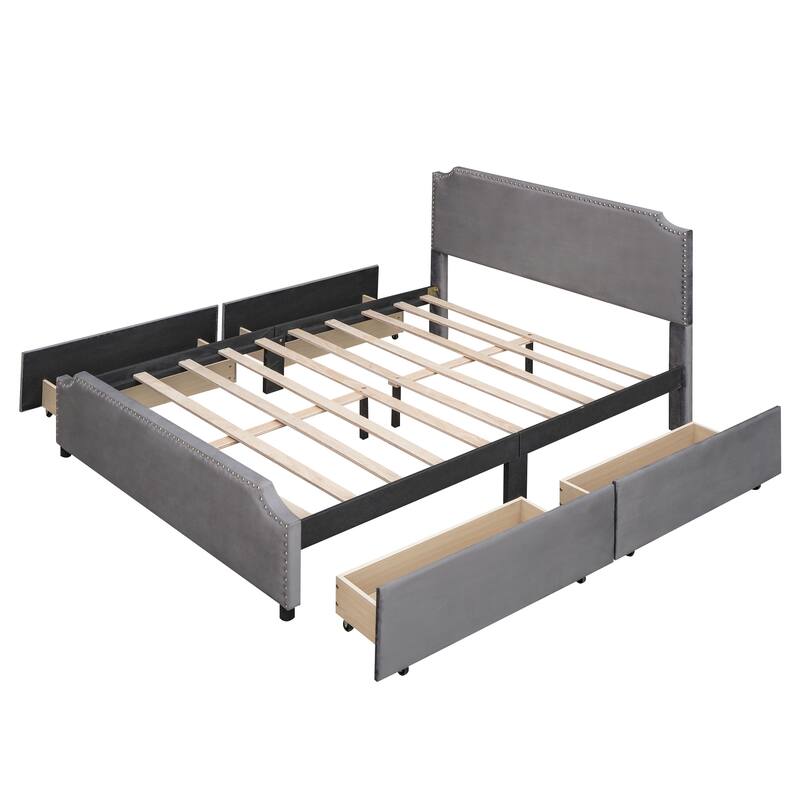 Velvet Fabric Upholstered Platform Bed with Stud Trim Headboard and Footboard and 4 Drawers No Box Spring Needed