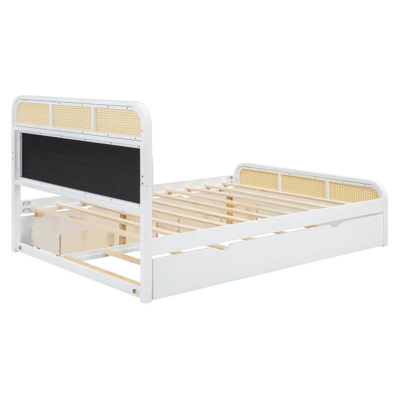 Queen size Wooden Platform Bed with Twin Trundle and 2 Storage Drawers, Classic Rattan Bed Frame with Upholstered Headboard