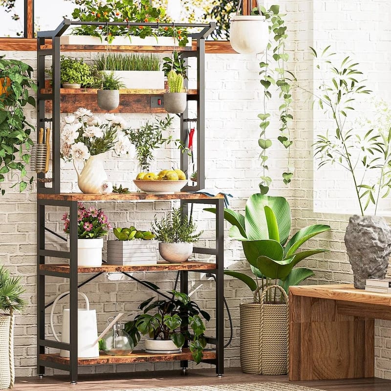 Modern Brown Bakers Rack with 3 Shelves and Microwave Stand for Coffee Bar or Kitchen Storage - 67'' H x 31'' W x 15.7'' D