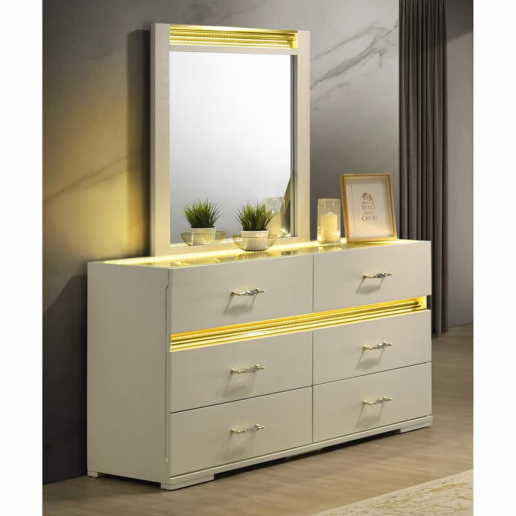 Furniture of America Saven Modern 2-Piece Beige Solid Wood 6-Drawer Dresser and Mirror Set with LED Light
