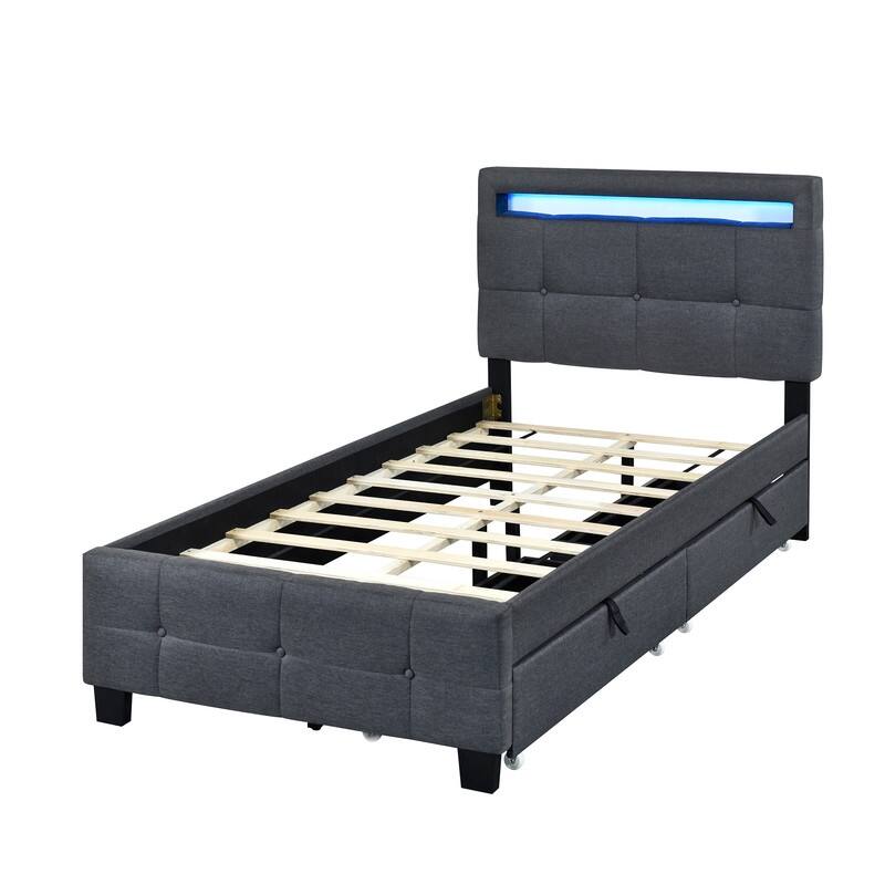 Twin Size Linen Upholstered LED Platform Bed Frame with Drawers