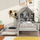 preview thumbnail 2 of 7, Grey Twin Size Pine Wood Platform Bed with House-Shaped Headboard and Pull-Out Trundle, Built-in Shelves and Fence Guardrails