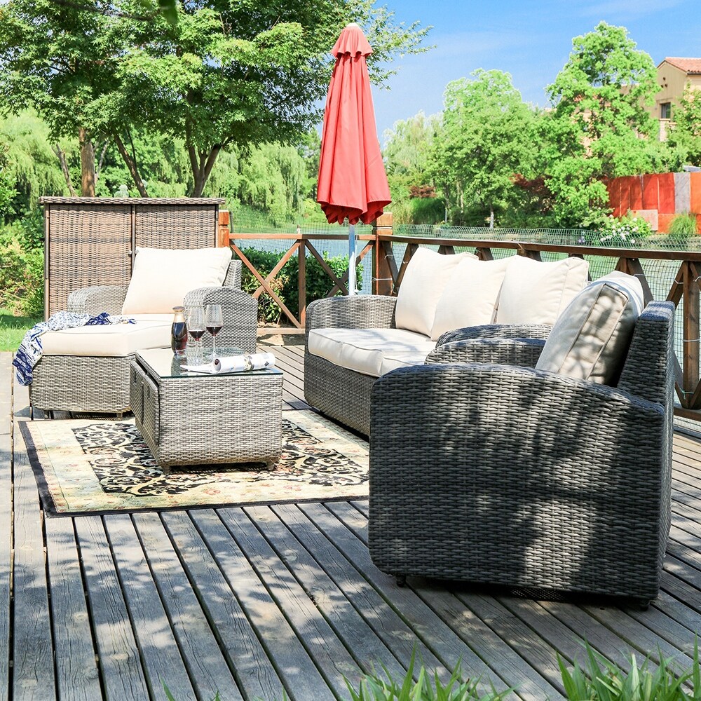 Havenside Home Stillwater 5 Piece Wicker Patio Sofa Set Outdoor Chat Sets With Drawer Table Overstock 27589671