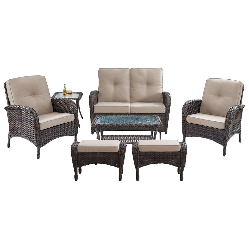 Pocassy 7 Pieces Glider Sofa with Patio Chairs Ottomans Table