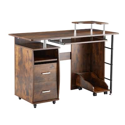 Home Office Wood Computer Desk with 2 Drawers, Storage Shelves, File Cabinet and Roller for Home Office
