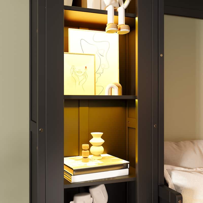 Murphy Bed Queen Size Bookcase Bed Platform Bed with Side Cabinets and 2 Drawers, Elegant French Folding Bed LED Wall Bed