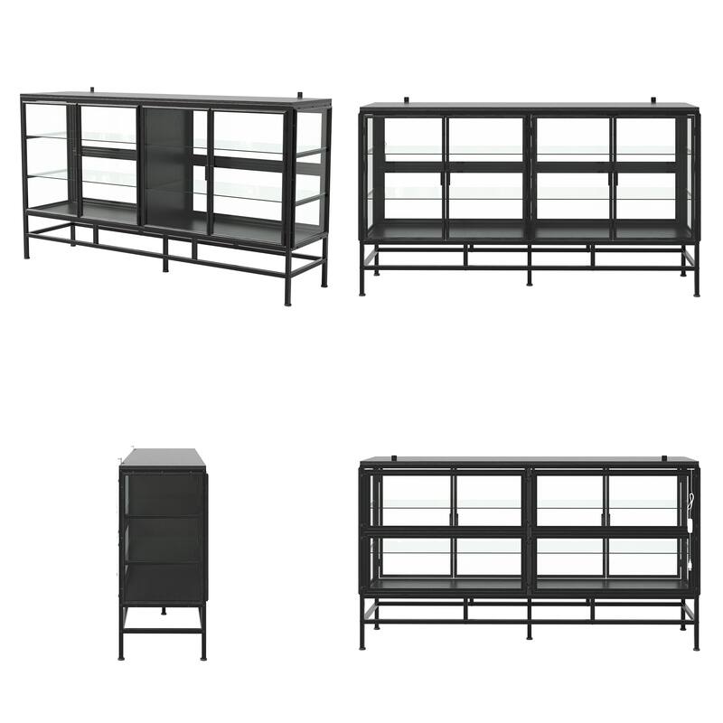 63" Industrial Glass Display Cabinet with LED Lights, 4-Door Metal & Wood Curio Sideboard for Living Room