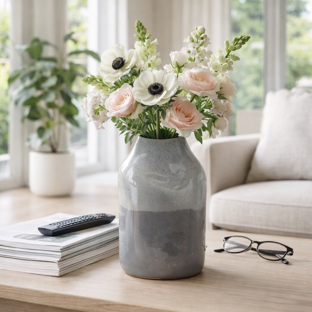Decorative Vase - Gray Ceramic Sculptural Design, 13 in.