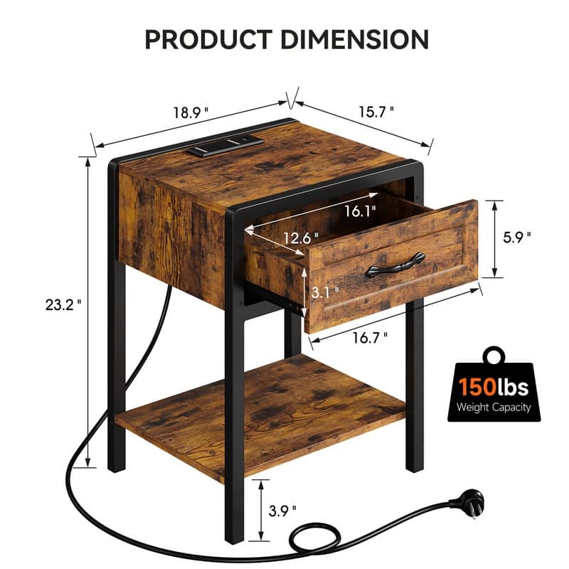 Round corner steel and wood bedside table - Brown