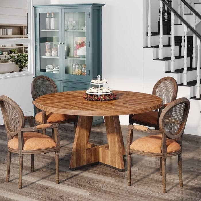 Farmhouse Retro Oak Round 47 Inch Wooden Kitchen Dining Table for 4 People - 47.25"D x 47.25"W x 29.5"H