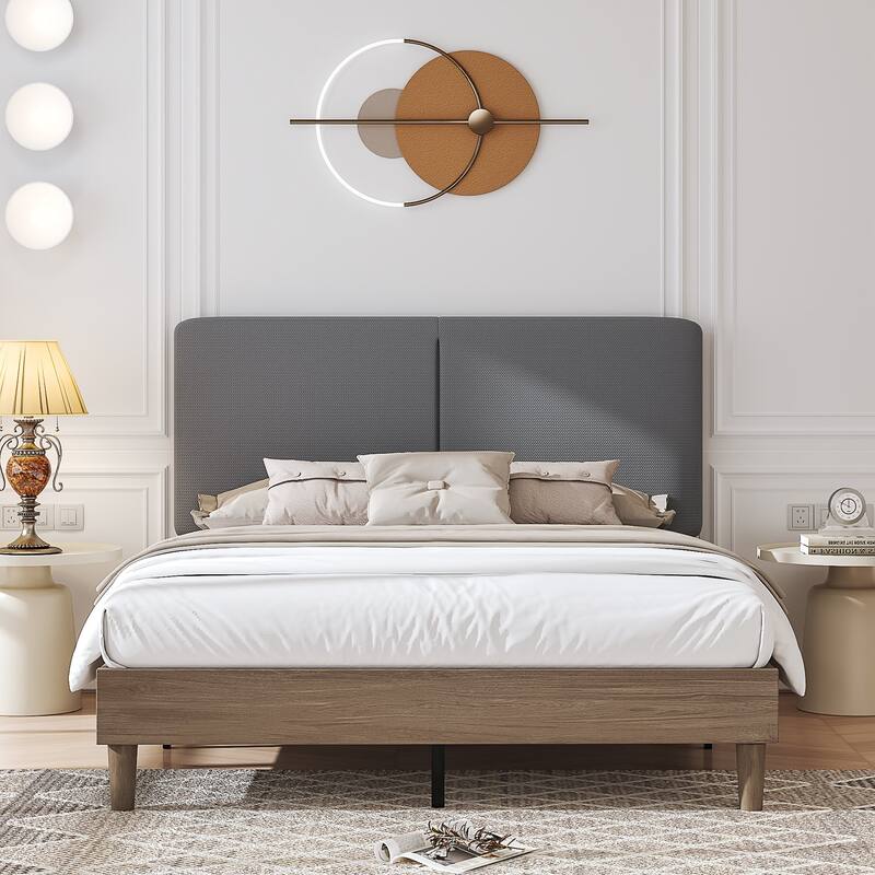 VECELO Upholstered Platform Bed Frame with Adjustable Headboard, Solid Wood Slats, No Box Spring Needed, Twin/Full/Queen Size - Dark Grey - Queen