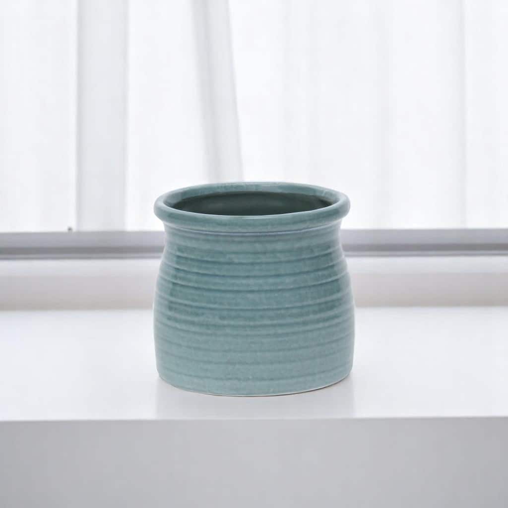 HomeRoots Celadon Ceramic 25 Ounce Striped Round Distressed Pot Planter - 5.00 in. x 4.75 in. x 5.00 in.