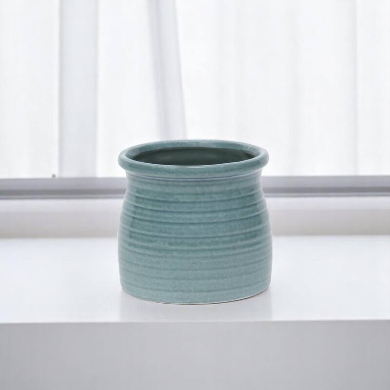 HomeRoots Celadon Ceramic 25 Ounce Striped Round Distressed Pot Planter - 5.00 in. x 4.75 in. x 5.00 in. - Celadon - 5.00 in. x 4.75 in. x 5.00 in.