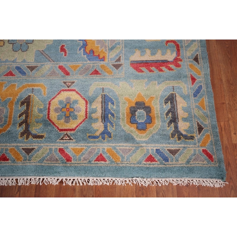 Light Blue Oushak Indian Area Rug Hand-Knotted Floral Wool Carpet - 8'11"x 11'11"