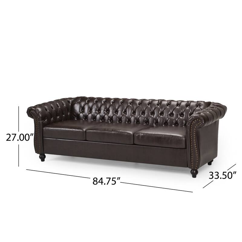 84.75" PU 3-Seater Sofa, Button Tufted, Nailhead Trim and Scrolled Arms