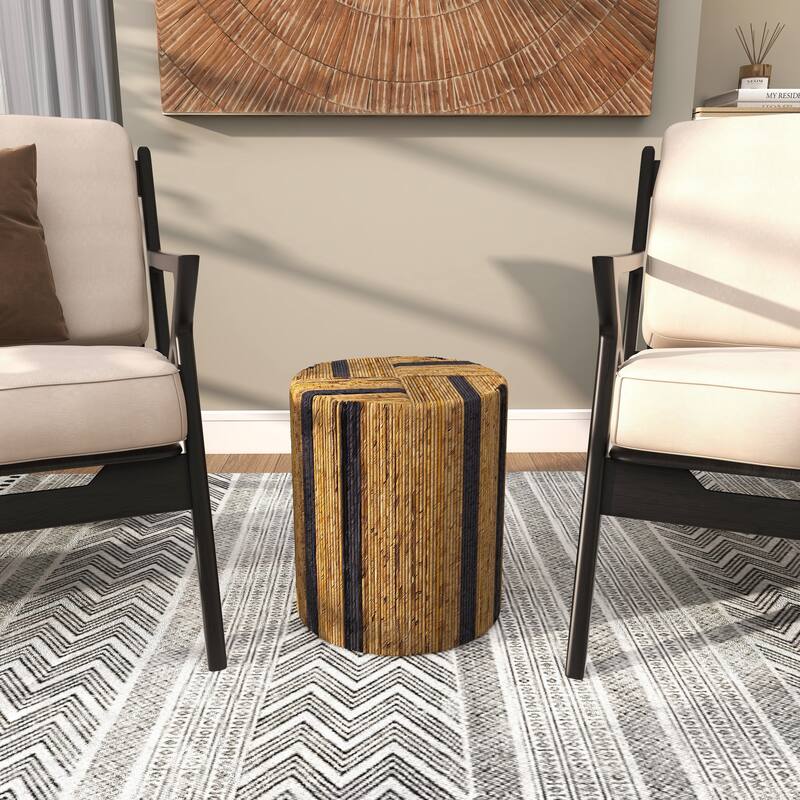 Brown Banana Leaf Handmade Linear Wrapped Accent Table with Navy Stripes