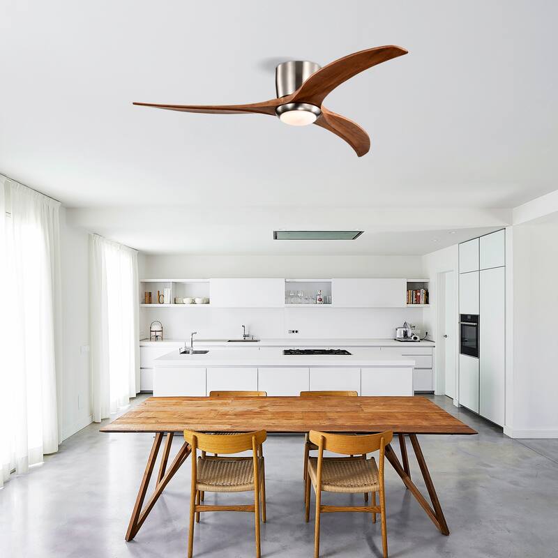 52" Flush Mount Fan Light, 3 PCS Solid Wood Blades Ceiling Fan with Lights Remote Control, Quiet DC Motor, 6 Speed
