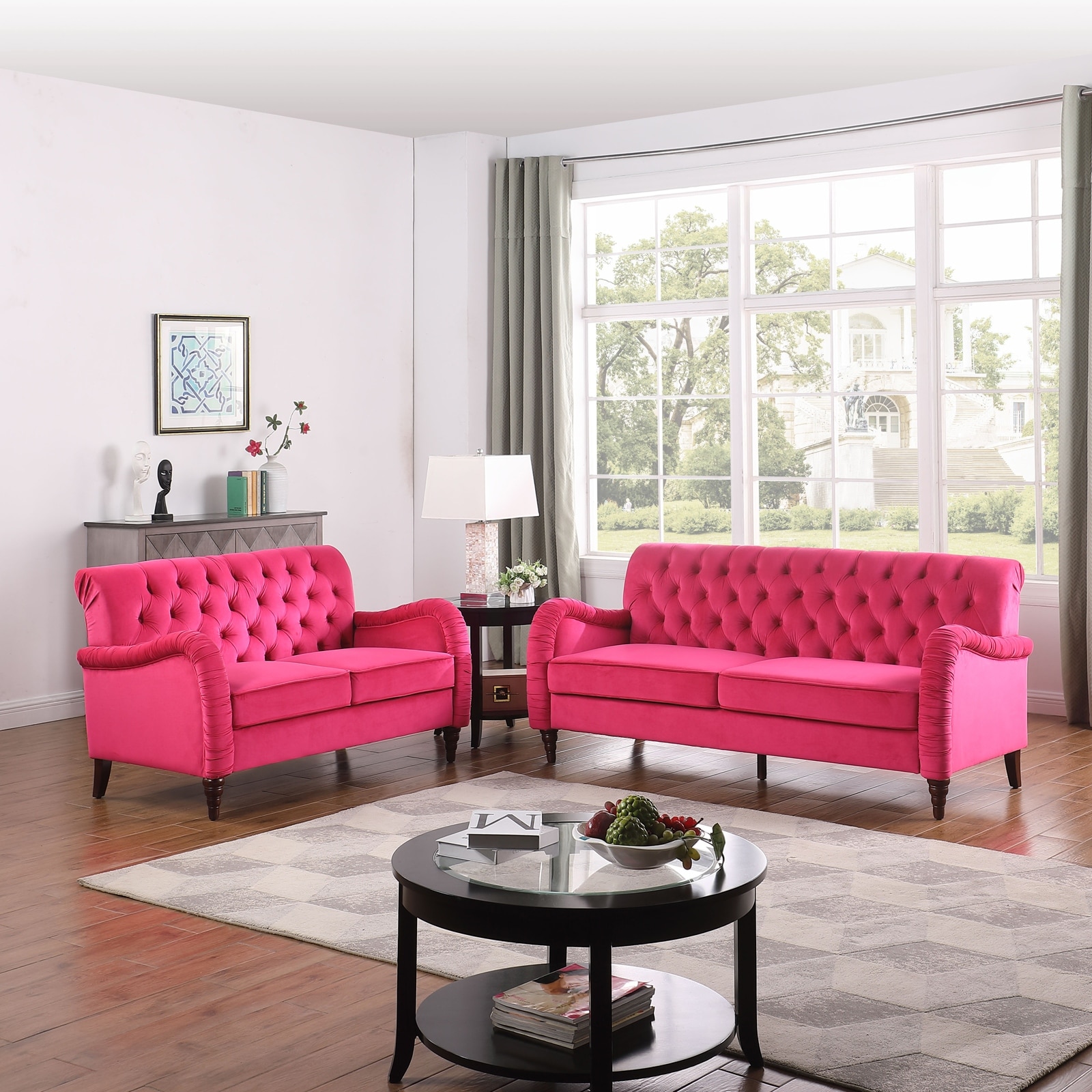 3 Seater Fuchsia Pink Crushed Velvet Fabric Chesterfield Sofa