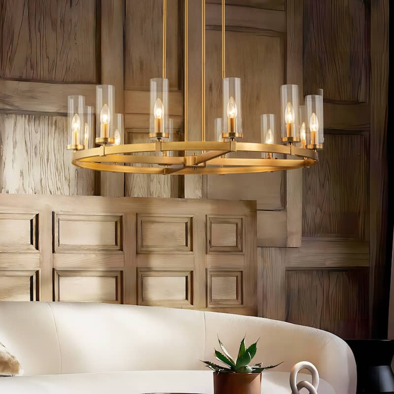 12-Light Mid-Century Modern Cylinder Clear Glass Wagon Wheel Chandelier Gold/Black Large Chandelier - Brushed Brass