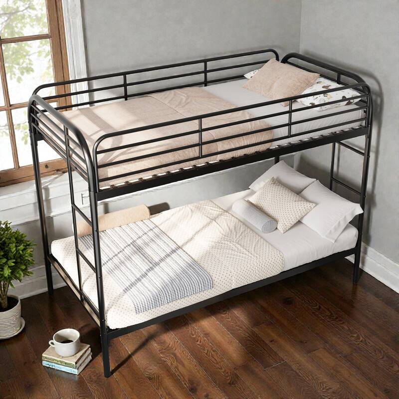 Metal Twin Over Twin Bunk Bed with 2 Ladders, Heavy-Duty Iron Frame, Full-Length Guardrails, No Box Spring Needed