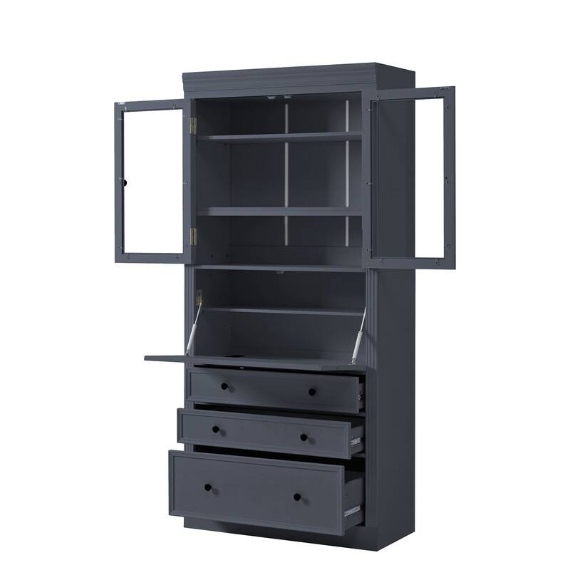 Freestanding 78" Tall Kitchen Pantry Storage Cabinet with Drop-Down Surface and Adjustable Shelves,Power Outlet for Organization