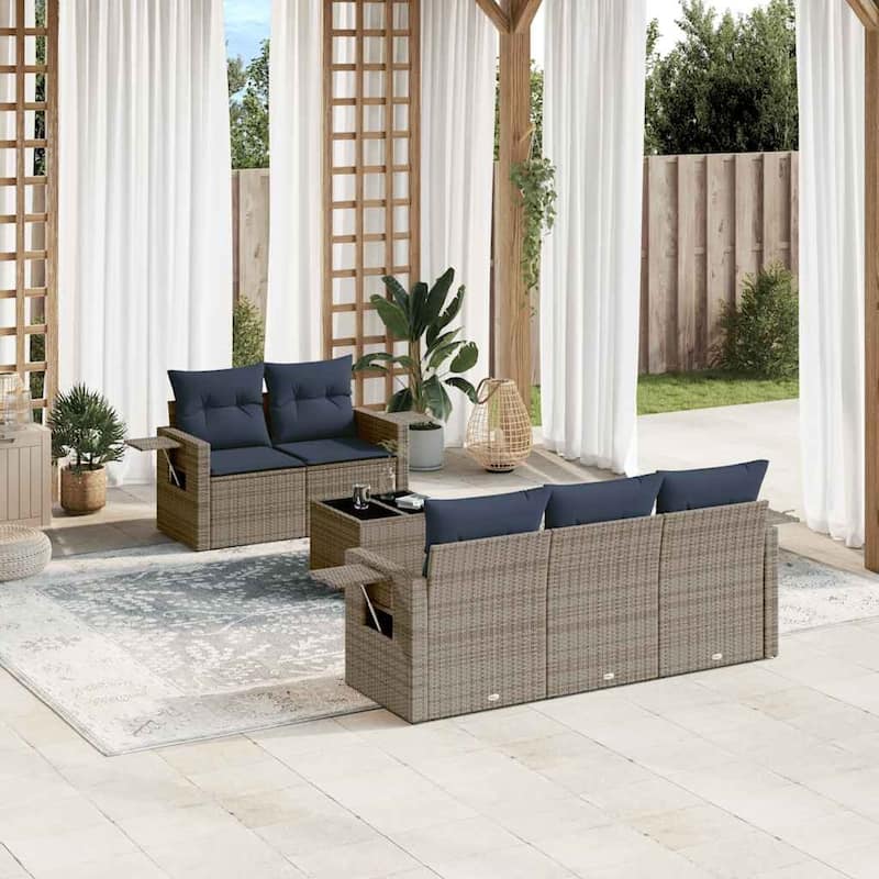 vidaXL Patio Sofa Set with Cushions Outdoor Furniture 6 Piece Poly Rattan - 21.7 x 24.4 x 27.2 - Grey and Blue