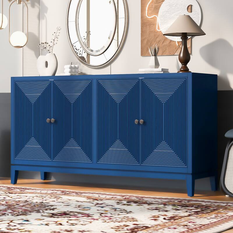 Vertical Line Design Storage Cabinet Sideboard with Adjustable Shelves, Buffet Cabinet Entrance Cabinet TV Console Table - Navy Blue