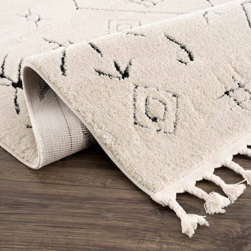 Hauteloom Shag Farmhouse Tasseled Cream & Black Area Rug