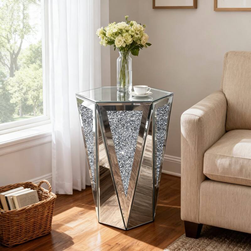 Hexagonal Mirror Top End Table with Crystal-Inlaid - 13.78"L x 12.20"W x 19.69"H