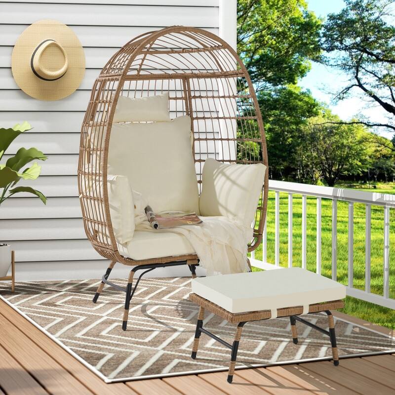 Wicker Egg Chair with Ottoman, Oversized Indoor Outdoor Lounger for Patio, Backyard, Living Room