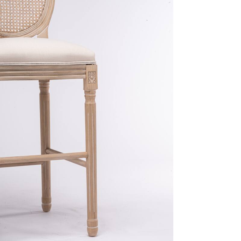 French Country Wooden Barstools Rattan Back With Upholstered Seating, Set of 2