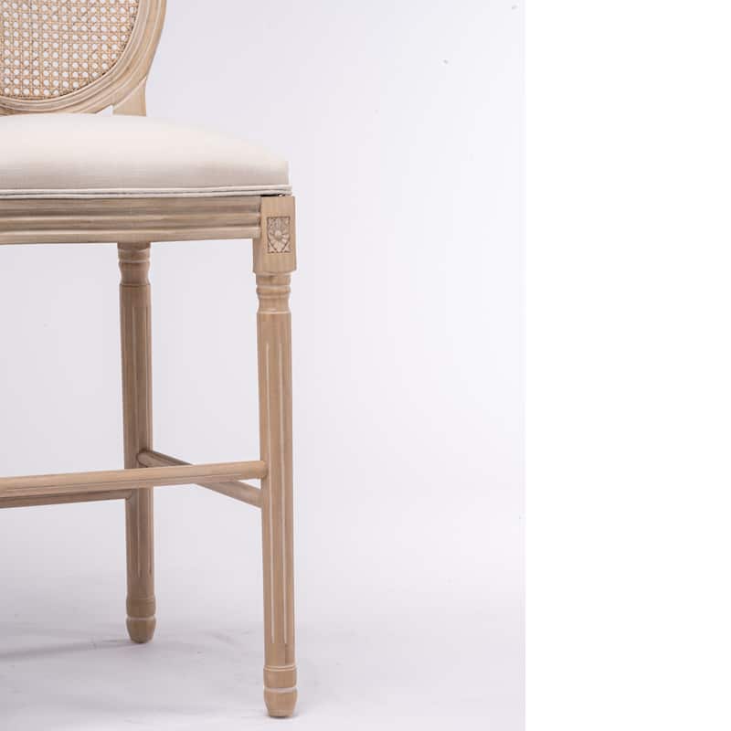 French Country Wooden Barstools Rattan Back With Upholstered Seating,Beige and Natural,Set of 2